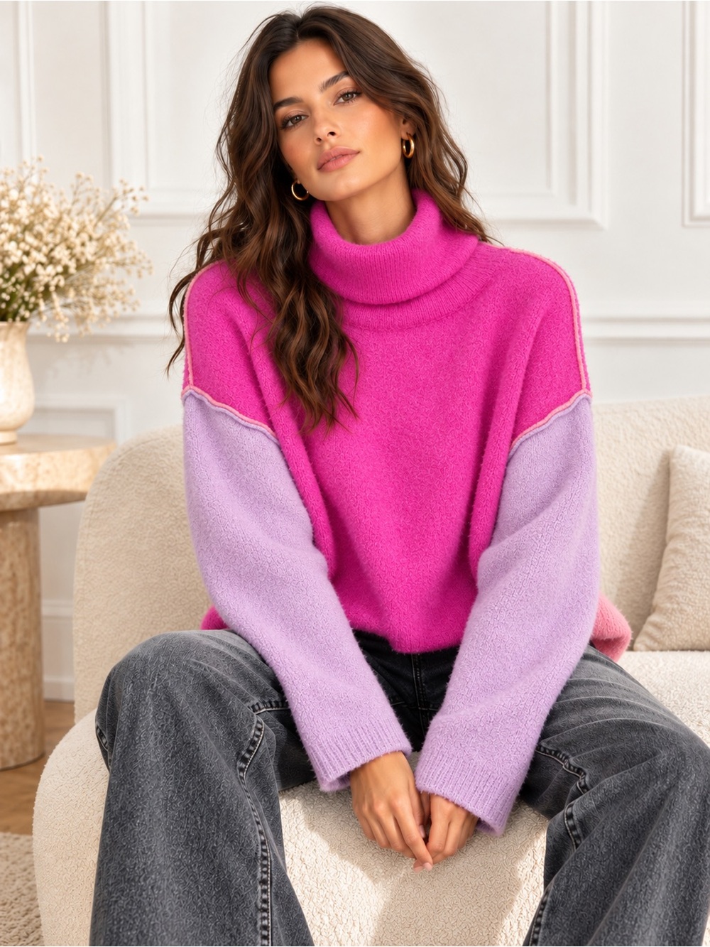 BiBi Colorblock Turtleneck Sweater S Pink Lavender Peach Oversized Boxy Exposed
